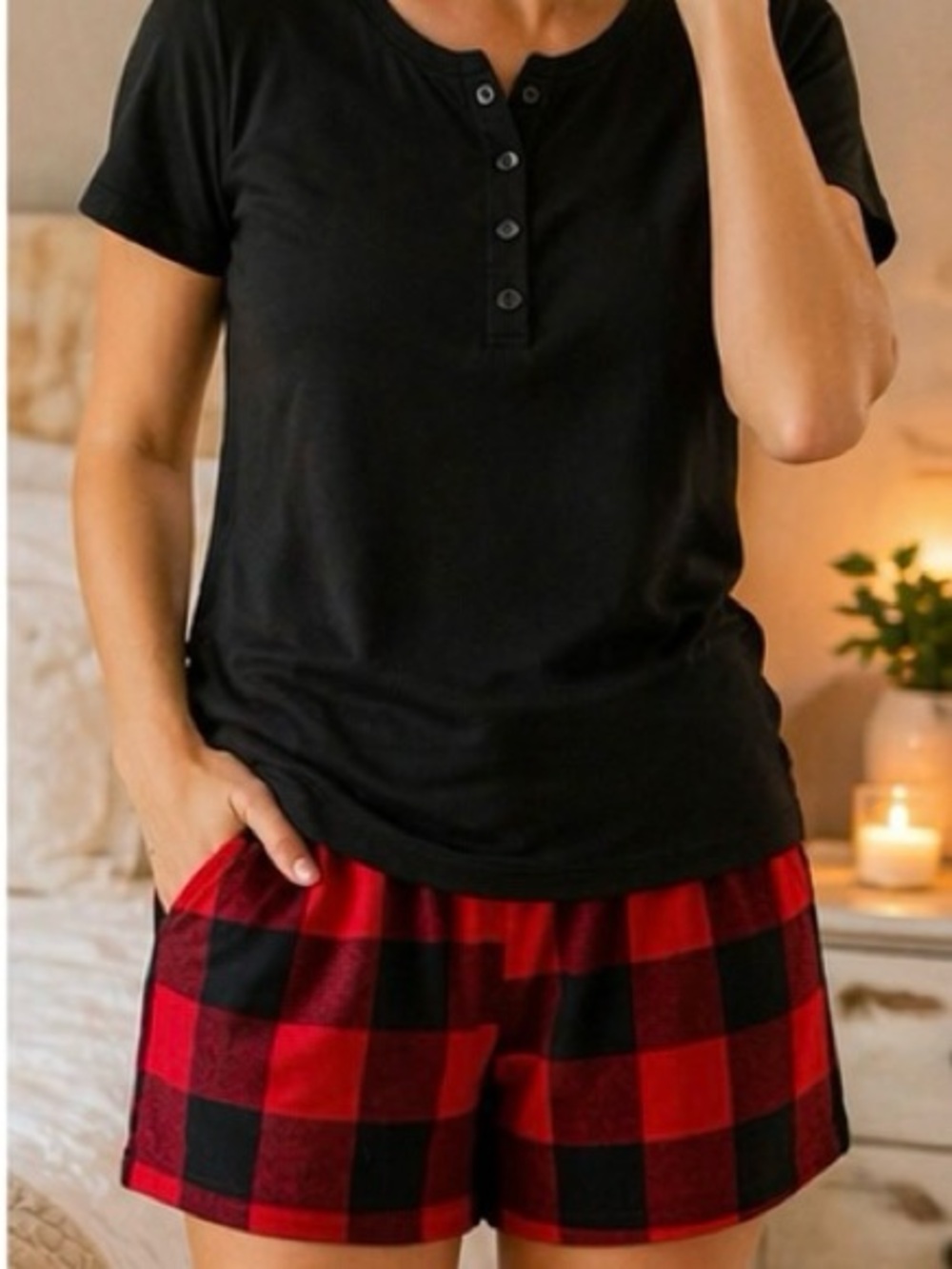 Auden Plaid Pajama Shorts M + Black Henley Top L Lounge Set